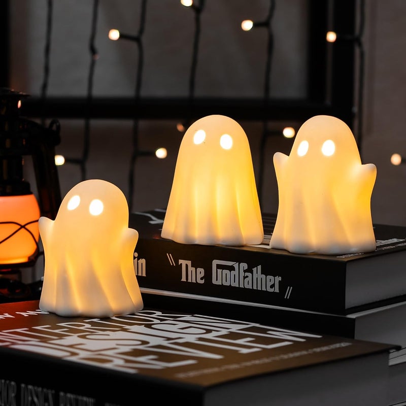 NEROSUN 3 Pack Cute Ghost Light Up Halloween Decor, LED White Ceramic Spooky Flameless Lanterns Decorative Light Fall Halloween Party Decoration for Home Bedroom Room Table Shelf - Image 3
